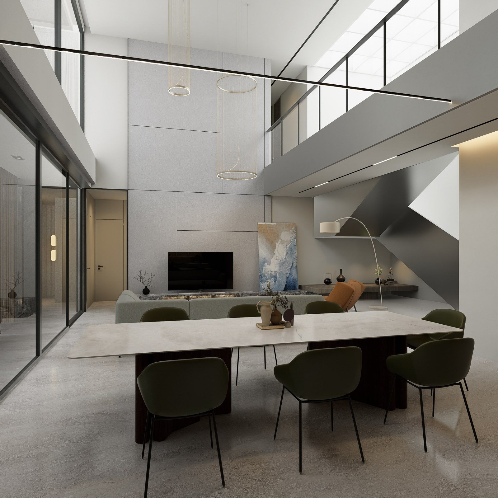 Living room facing the TV wall and the stair
